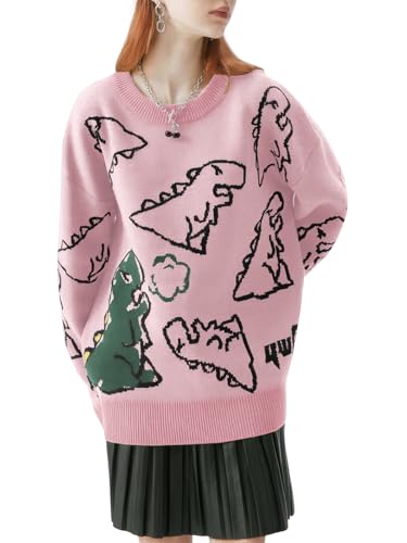 Women's Dinosaur Graphic Sweaters Cartoon Kwaii Knit Crewneck Long Sleeve Oversized Pullover Jumpers