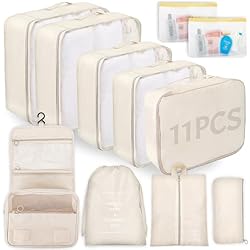 Maletas Con Ropa WECUTE Bolsas Organizadoras Maleta, 11 Piezas Organizador de Equipaje Multifunción, Packing Cubes Bolsas Ropa Viaje, Organizadoras Viaje, Impermeable, juego con bolsa de cosméticos (Beige)