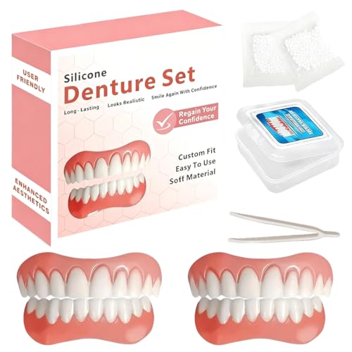 YULZAK 2 Pieces Dentures Teeth Top and Bottom Set No Holes false Teeth Set Comfortable and Adjustable For Both Men and Women Natural and Realistic With 10g Repair Glue