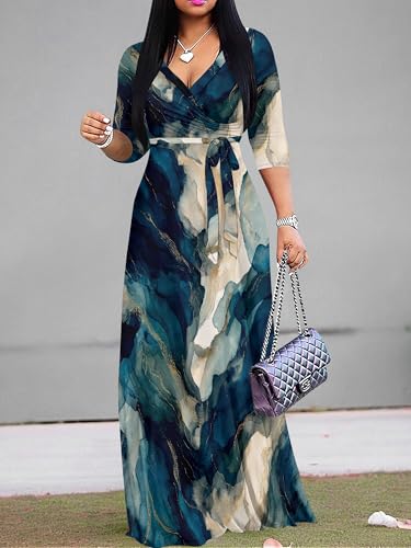 Image of PinkPatty Plus Size Dresses for Curvy Women V Neck Flowy Long Sleeves Wrap Maxi Dress Travel Vacation Outfits