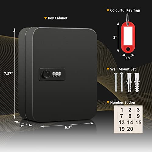 Dalmbox Key Cabinet With Combination Lock, Key Storage Box Wall Mount, Steel Security Locking Key Lock Box With Code, 20 Key Hooks And Colored Key Tag Labels, 7.87X 6.3X3 Inch, Black #TOP2