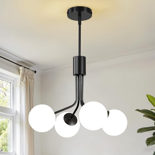 Linour 4-Light Black Sputnik Chandelier with Adjustable Height, Modern Black Globe Pendant Ceiling Light, Mid Century Hanging Light Fixture for Dining Room Kitchen Island Foyer Staircase