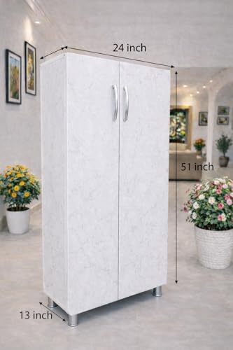 Image of Shoe Rack Organizer, 25 Pair Tower, 6 Shelves, 2 Door, Engineered Wood, with Soft Closer Door, Marble White,Easily accommodate Upto UK Size 10