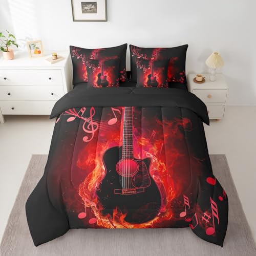 Electric Guitar Comforter Set Queen,Rock Music Theme Guitar Musical Notes Bedding Set,Neon Red Glowing Modern Artistic (Comforter+Fitted+Flat Sheet+2 Pillowcases+2 Throw Pillow Covers) 7 Pcs - Image 3