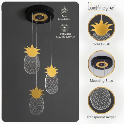 Image of Lamp master 3-Light Pineapple Ceiling Light | Decorative Hanging Light | Warm Glow | Transparent Acrylic & Metal | Gold Finish | Adjustable Height | Chandelier for Living Room, Bedroom & Dining Room