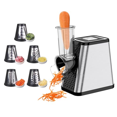 Coupe-légumes électrique 5-en-1, Râpe à légumes électrique 500W avec 5 lames en inox pour fromage, légumes, fruits – Robot râpe et trancheur...