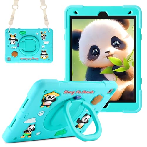 Case for iPad 9th/8th/7th Generation, iPad 10.2 Inch 2021/2020/2019, Funny Cartoon Silicone 3D Panda Design Kids Case Heavy Duty Protection with Stand/Pencil Holder/Shoulder Strap (Mint Green)