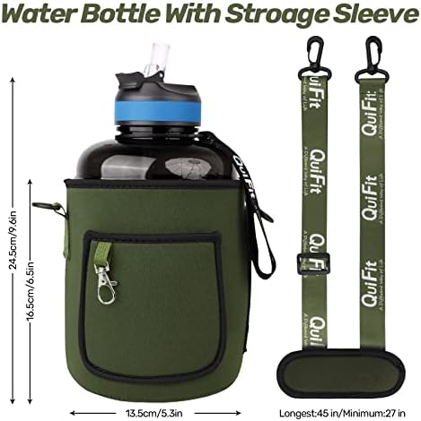 QuiFit 2.2 Litre Motivational Water Bottle with Time Marker, Sports Water Bottles with Storage Sleeve, Gym Drinks Bottle for Hiking Fitness Camping Leak Proof(black+ army green)