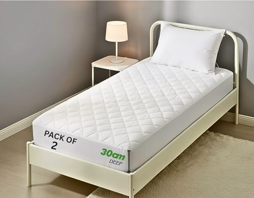 Hafaa Single Mattress Protector 2 Pack - Extra Deep 30 Cm Bed Fitted Stretch Skirt Quilted Mattress Pad Single Bed Anti-Allergy Microfiber Fitted Mattress Cover (90 x 190 Cm)