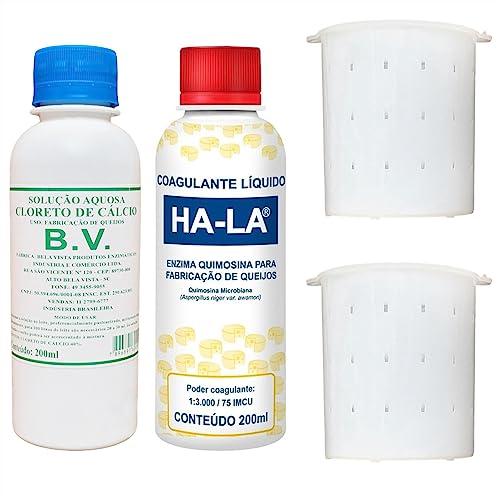 Kit Coalho Líquido Ha-la Coagulante + Cloreto de Cálcio BV + 2 Formas Queijo Minas Frescal 500g Fazer Queijo Caseiro