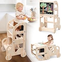 Toddler Kitchen Step Stool, Car Shape Learning Standing Tower with Blackboard, Wooden Kitchen Stool Helper, Foldable Chair & Table for Kids, Ideal 1-3 Year Old Boy Girl Gifts