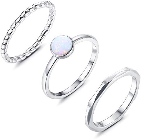 Milacolato 3 Pcs 925 Sterling Silver Opal Hammered Twisted Stackable Ring Set for Women Platinum Plating Smooth Skinny Band Comfort Fit Size 5 to 9