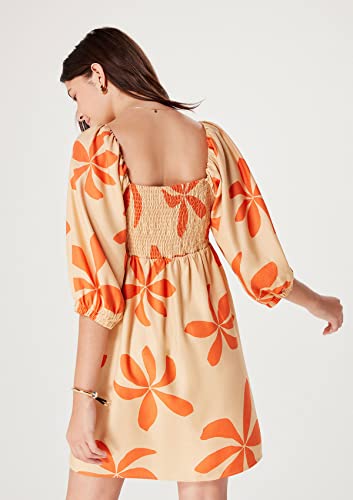 Vestido Curto Evasê Estampado Com Manga Bufante Laranja M