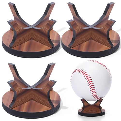 Sumind 3 Pcs Walnut Small Ball Stand Holder Sport Ball Display Rack Baseball Display Stand with 3 Pieces Non-slip Rubber Pads for Baseball Golf Softball Tennis Spheres Wood