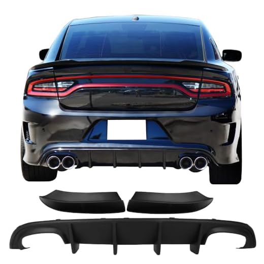 Rear Diffuser & Side Aprons Compatible With 2015-2022 Dodge Charger SRT, Quad Exhaust Unpainted PP 4 Fin Spoiler Valance Chin Rear Lip by IKON MOTORSPORTS