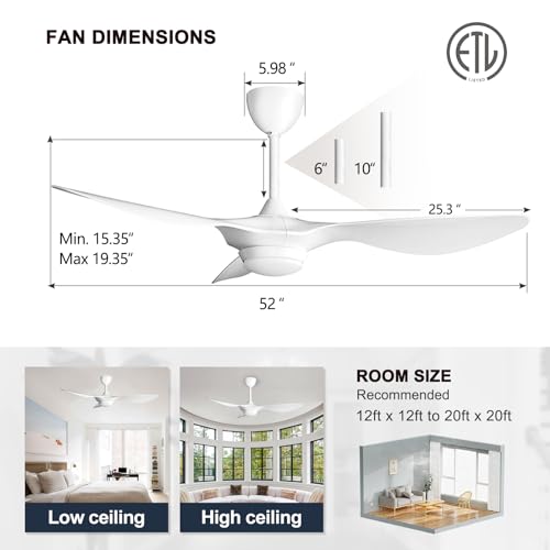Reiga 52 Smart White Ceiling Fan with Light & Remote - Quiet DC Motor for Indoor/Outdoor Use