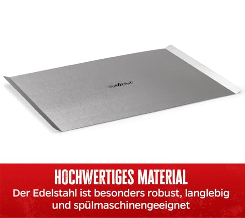Foto von Grillfürst Pizzablech rechteckig aus Edelstahl - zur Vorbereitung und für den Transport von Pizzateig, eckiger Pizzaheber mit Tragegriffen, 40 x 30 cm