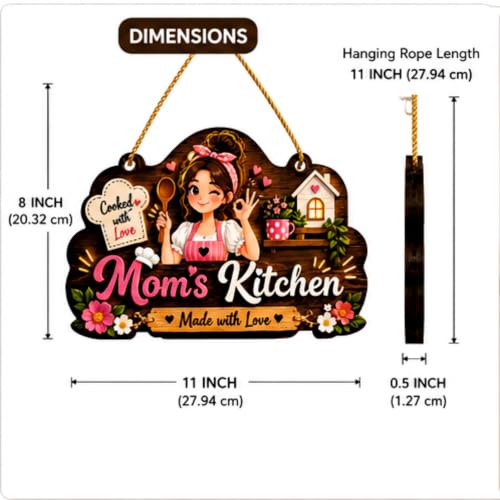 Image of DAKSHESTRY ARTWORKS Mom's Kitchen Wooden Hanging Sign | Cute Kitchen Wall Decor with inchMade with Love inch Quote | Decorative Door & Wall Hanging Plaque for Home, Dining Area, Restaurant, Cafe & Housewarming Gift
