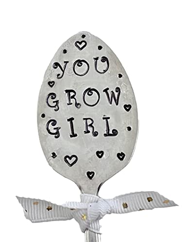 Garden Marker, You Grow Girl, Stamped Vintage spoon for flower pots, herbs, plants, Positive Message