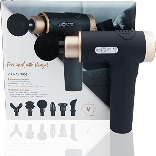 Venga! Pistolet de Massage des Tissus Profonds, 6 têtes de Massage, 9 Vitesses, 2 Modes, Noir/Cuivre, VG MAS 3003
