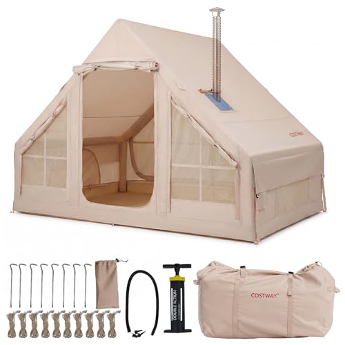 COSTWAY Opblaasbare tent voor 4 personen, campingtent met 2 deuren, mesh-ramen en schoorsteenopening, luchttent met luchtpomp en draagtas, glamping tent van Oxford-stof voor familie en outdoor