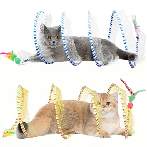 TEASIK 2-Pack Large Cat Tunnel Beds - Indoor & Outdoor Kitten Collapsible Spring Tunnel Toy with Feather and Bell Interactive Spring Toys for Cats & KittensYellow and Blue