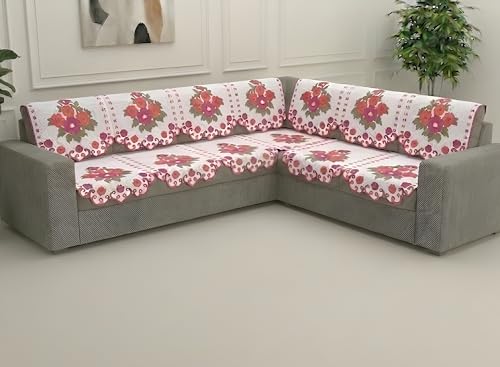 Image of Fab Nation Sofa Cover L Shape 6 Seater with Corner L Type Fully Covered Sofa Set for Living Room | Cotton Sofa Slipcovers for 3 + 3 Seaters Cover Set | Flower Pink