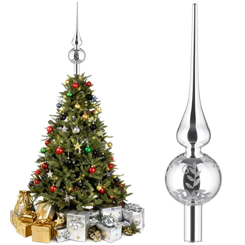 Christbaumspitze Glas Silber, Weihnachtsbaumspitze, UNOLIGA 26cm Mundgeblasen Glas Tannenbaum Spitze, Vintage Baumspitze (Silber)