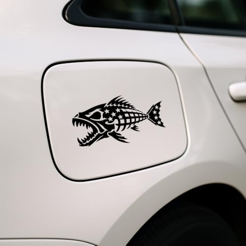 Image of 2Pcs - No Background - Waterproof Car Sticker Decal of Patriotic American Flag Fishing Bone Fish Design for Outdoor Enthusiasts and Nature Lovers (Black, 6.8'' x 3.8'') |k19952BL