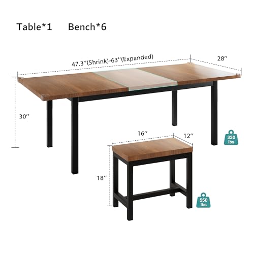 iPormis 7-Piece Dining Table Set with 6 Stools, 63" Extendable Kitchen Table Set for 4-8, Modern Dining Room Table with Sturdy Metal Frame, Space-Saving Dinette, Walnut