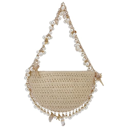 Gets Women Pearl Straw Clutch Purse Woven Summer Beach Evening Bag Wedding Party Straw Shoulder Handbag