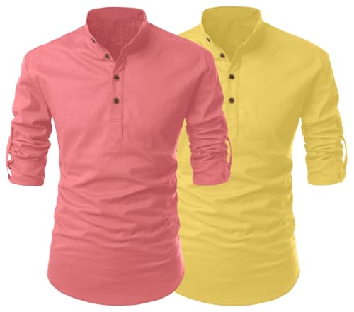 Image of FINIVO FASHION Combo of Men's Cotton Blend Solid Regular Fit Full Sleeve Straight Short Kurta Shirt, Casual and Formal Wear