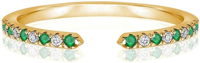 Green Emerald & White Diamond Open Wedding Band For Women, 14k Gold Finish Emerald Wedding Band, Ladies Alternate Diamond Ring