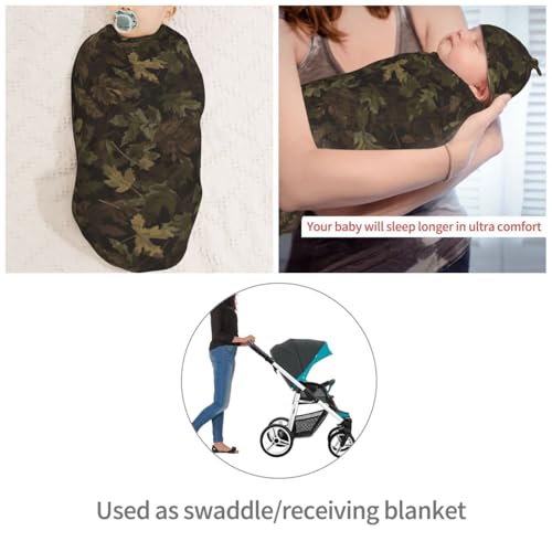 Image of Brown Camouflage Leaf Swaddle Blanket and Wrap Set with Beanie Hat - Soft Baby Receiving Blankets and Swaddle Blankets for Newborn Boys and Girls
