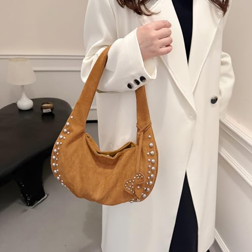 Suede Bags for Women Studded Purse Suede Handbag Y2K Fall Suede Purse Trendy Suede Shoulder Bag2