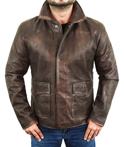 Image of Brown Leather Jacket Men - Vintage Collar Distressed Style Mens Leather Motorcycle Jacket