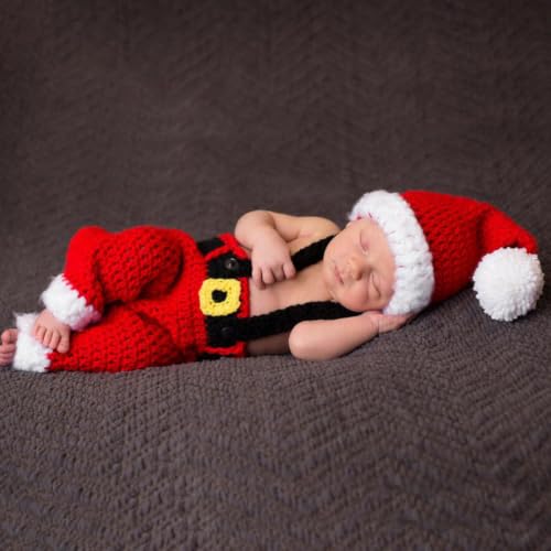 Disfraz de Navidad para bebés recién nacidos conjunto de gorro de algodón rojo tejido a mano 7