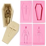 Funshowcase 3D Halloween Skeleton with Matching Sarcophagus Coffin Silicone Mold for Fondant Cake Decoration, Polymer Clay, Crafting, Resin Epoxy