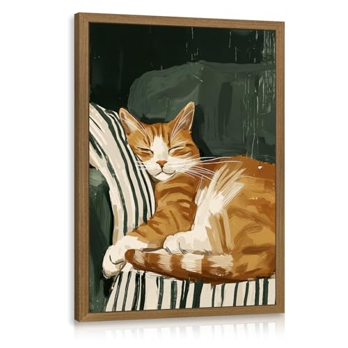 Msziryn Wood Framed Cute Sleeping Cat Wall Art, Cozy Orange Tabby Poster Print, Relaxing Animal Sofa Cat Wall Decor, Modern Minimalist Aesthetic Picture for Living Room Bedroom Office 12x16 Inch