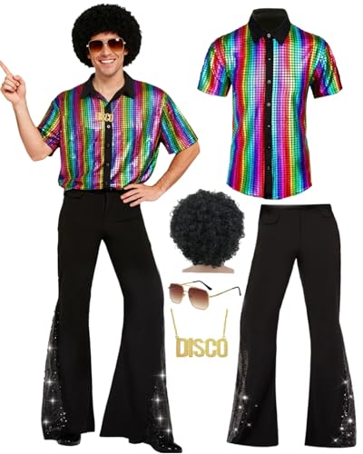 minkasic 70er Jahre Disco Kostüm Set Hippie Herren Outfit mit Schlaghose Hemd 80s Fasching Bekeidung für 50s 60s 70s Cosplay Halloween Party (Farbe, XXL)