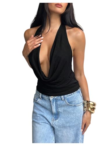 MakeMeChic Womens Going Out Halter Tops Backless Y2k Cowl Neck Tops Rave Outfits Black Small