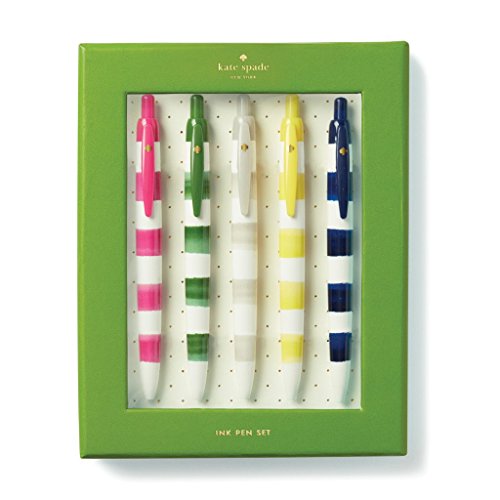 Kate Spade New York Black Ink Pen Set of 5, Smooth Plastic Click Pens, Rugby Stripe