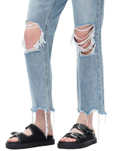 ONESO Womens Ripped Jeans Mid Waist Straight Leg Ripped Jeans Y2K Distressed Denim Pants with Raw Hem for Casual4