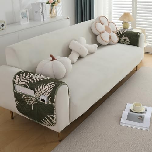 Image of HOKIPO Printed Waterproof + Anti-Slip + Quick Dry Sofa Armrest Cover with Pockets (2Pcs), Palm Leaves Olive (AR-5237-P8-L*2)