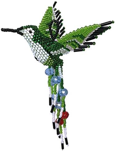 Mayan Arts Hummingbird, Beaded Ornamental Figurine, Good Luck, Green Tones, White, Blue, and Red Christmas Tree Ornaments, Holiday Decoration, Handmade in Guatemala 3 Inches x 5 Inches