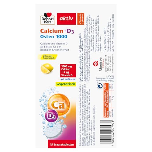 Doppelherz Calcium + D3 Osteo 1000 – Mit Calcium und Vitamin D als Beitrag für den normalen Knochenerhalt – 15 Brausetabletten