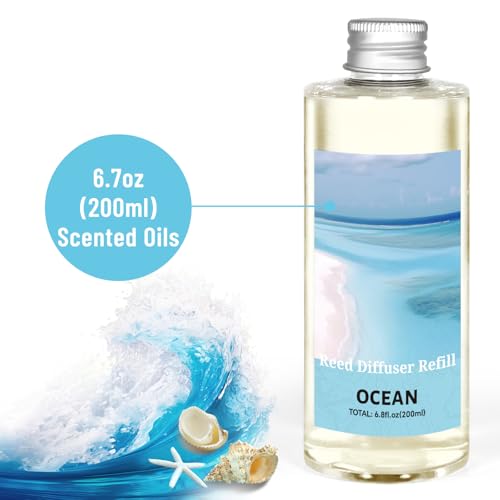 Image of STRN Reed Diffuser Oil Refill, Ocean Scented Diffuser Oil Refills with 6 Reed Sticks 200ML(6.8fl.oz), Room Fresheners for Home, Long-Lasting Fragrance for Living Room, Bedroom, Office, Home Decor