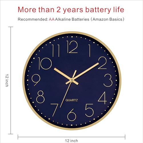 Image of Foxtop 12 inch Modern Wall Clock Silent Battery Operated Metal Gold Clock | Dark Blue Dial, Non-Ticking, Round, Analog Clock, Quartz, Easy to Read, Living Room, Bedroom, Kitchen, Office