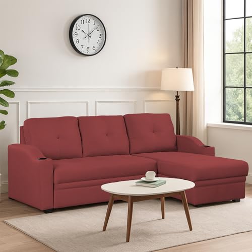 Image of Casaliving Ravonna RHS 4 Seater L Shape Corner Sofa Cum Bed for Living Room (Maroon Fabric) Premium Fabric Sofa