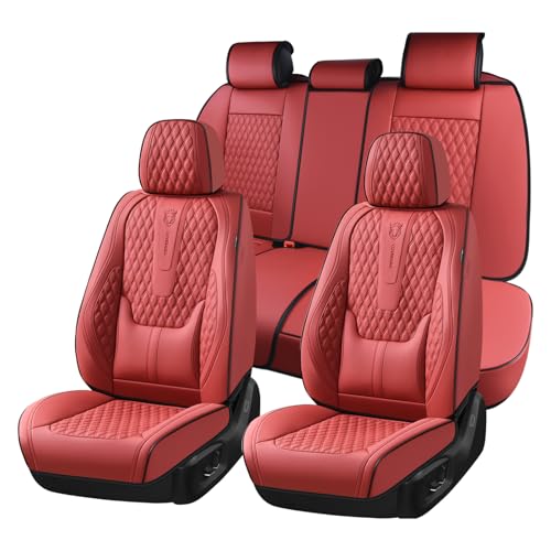 Image of Coverado Full Set Car Seat Covers, Nappa Leather Seat Covers, Waterproof Car Seat Protector with Lumbar Support, Automotive Seat Covers Universal Fit for Most Cars SUV Trucks (FullSet, Red-Blackline)